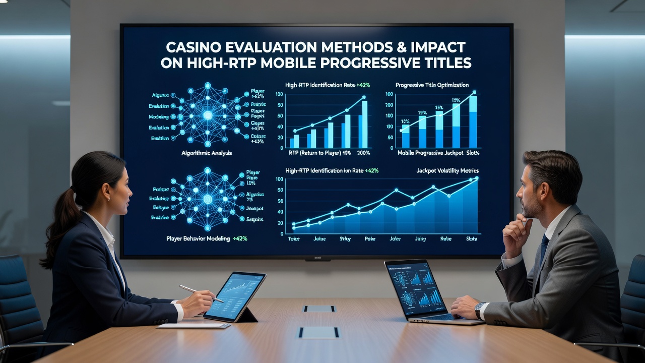 Casino evaluation process showing analysts reviewing RTP data for mobile progressive slots on multiple screens