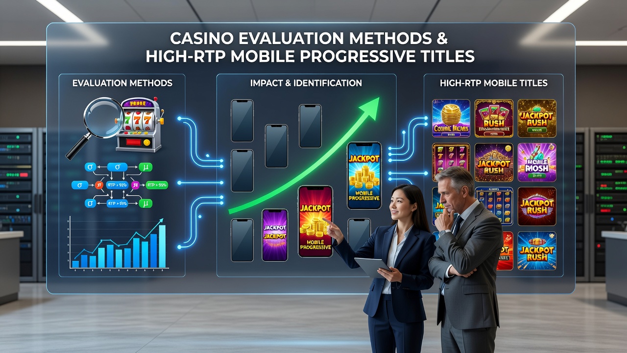Mobile device displaying progressive slot interface alongside evaluation metrics charts and RTP breakdown graphs