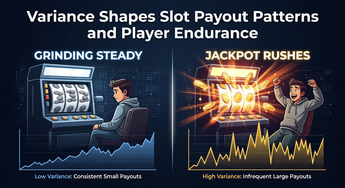 Slot machine reels spinning with low and high variance payout charts overlaid, illustrating steady small wins versus rare massive jackpots
