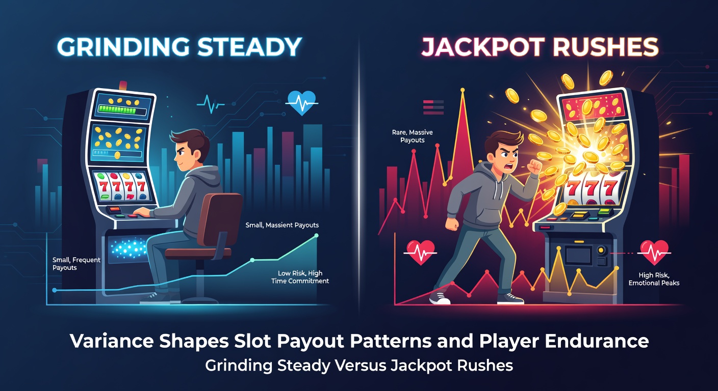 Graph comparing low-variance steady payout streams against high-variance jackpot spikes, with bankroll curves showing prolonged flats before surges