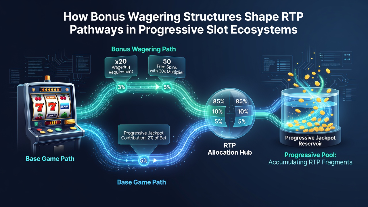 Network diagram illustrating progressive slot jackpot contributions flowing through bonus wagering stages