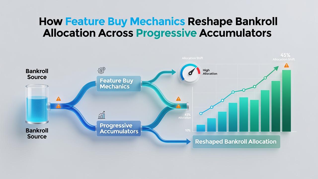 Illustration showing feature buy options overlaying a progressive slot accumulator display with bankroll allocation charts