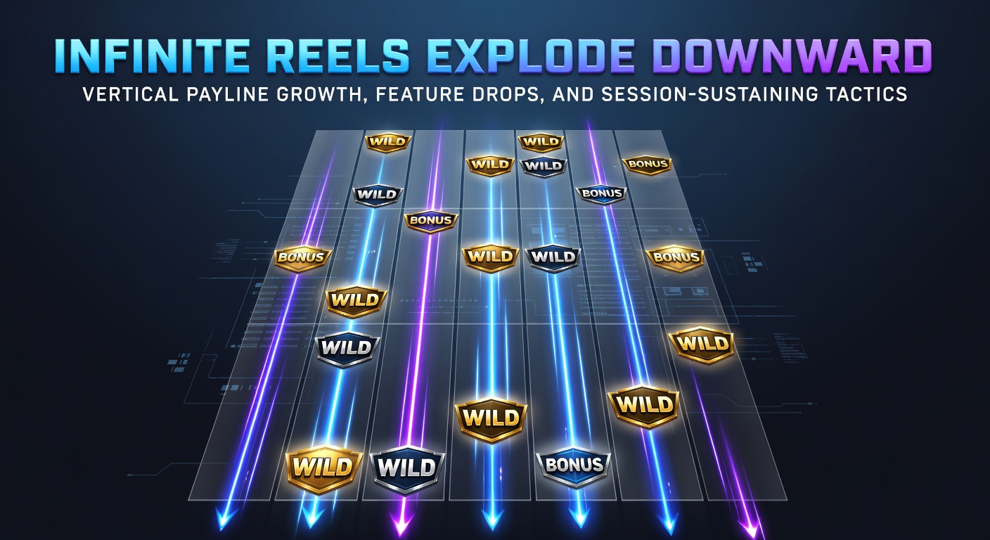 Dynamic slot screen showing reels exploding downward with new rows forming infinite vertical paylines during a big win