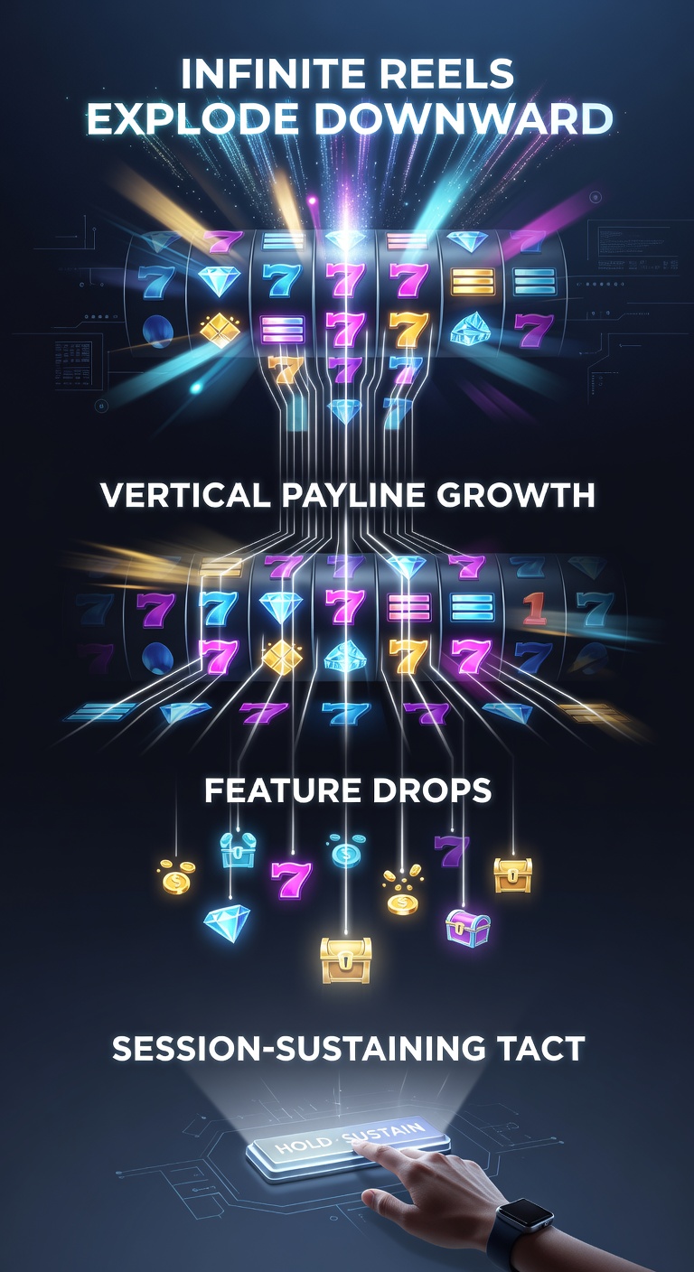 Close-up of feature drop animation in an infinite reel slot, with bonus symbols raining into the expanded vertical grid