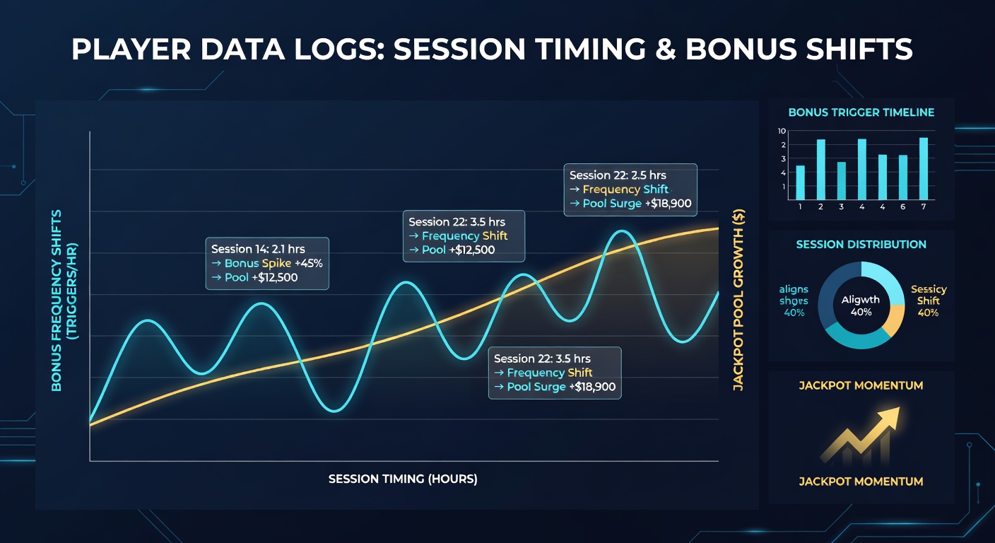 Visual representation of player session timelines overlaid with bonus trigger points and jackpot pool growth curves in mobile progressive slots