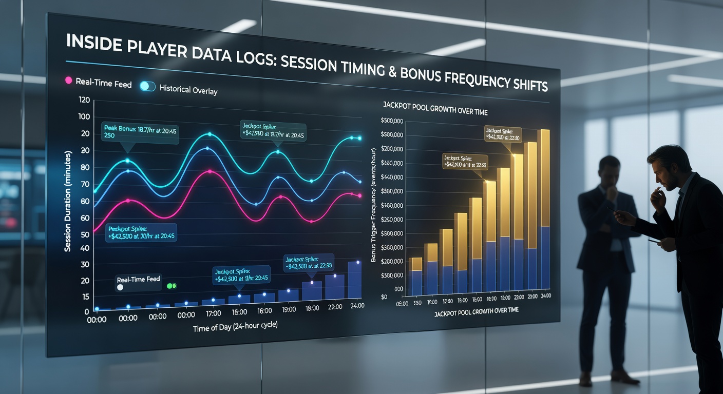 Charts displaying correlations between play session lengths, bonus trigger rates, and progressive jackpot pool increments over time
