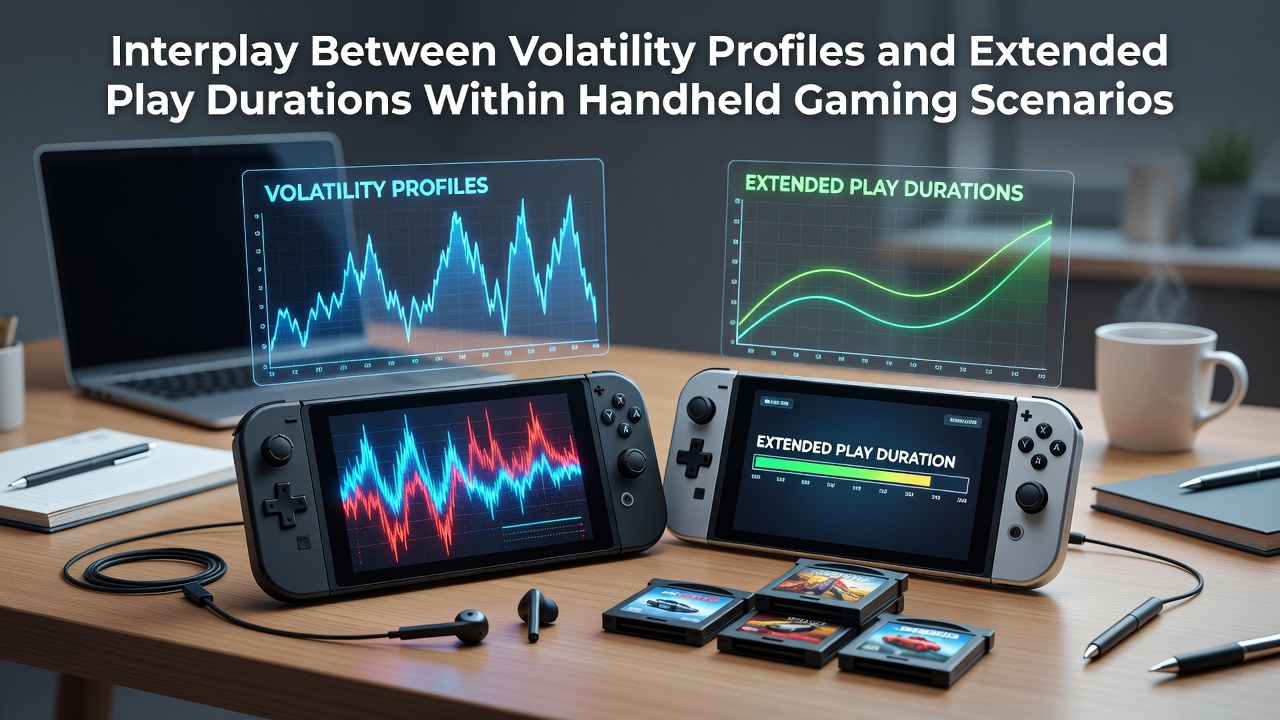Handheld gaming device displaying slot interface with volatility indicators