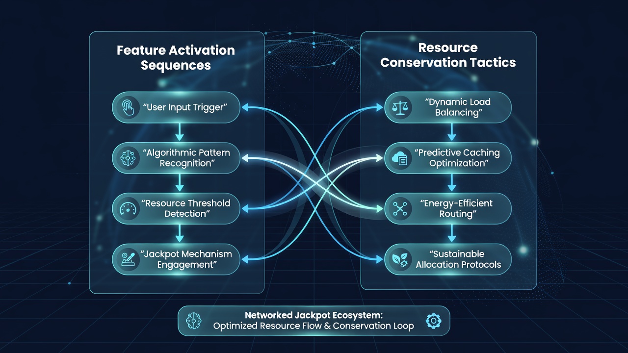 Flowchart showing resource conservation tactics linked to jackpot feature activations in a multi-machine network