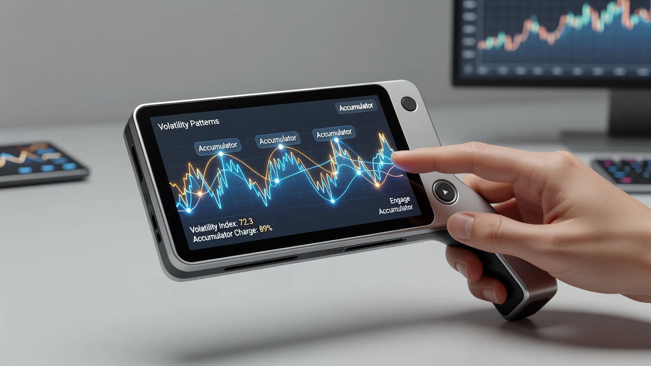 Close-up view of accumulator progress bar and volatility settings panel within a portable reel application