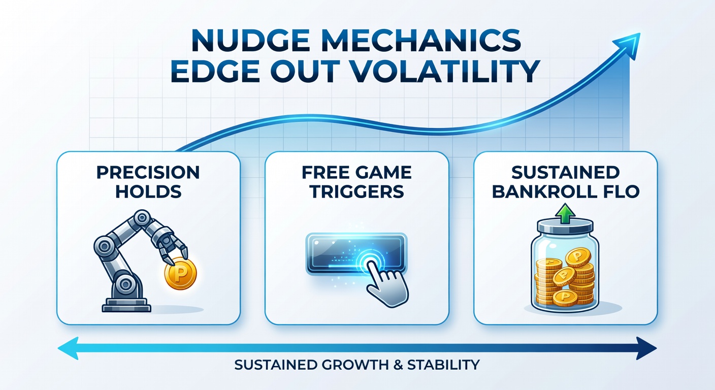 Dynamic slot interface showing free game triggers ignited by a series of nudge holds, with bankroll meter steadily rising amid symbol shifts