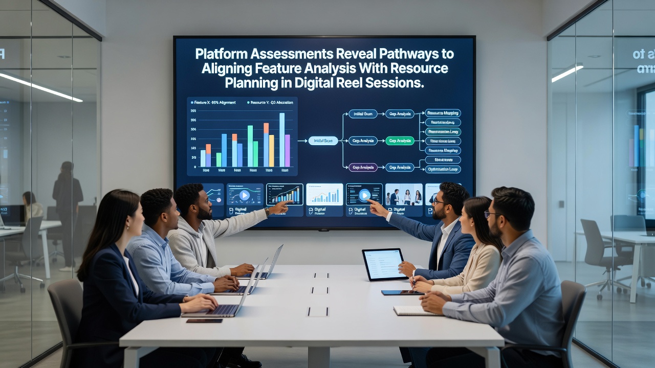Digital platform assessment dashboard showing feature analysis metrics aligned with resource allocation charts for reel-based media sessions