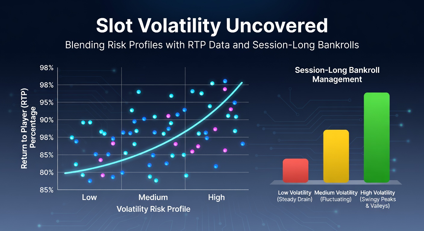 Colorful slot machine reels spinning with volatility charts overlaid, illustrating low, medium, and high risk profiles