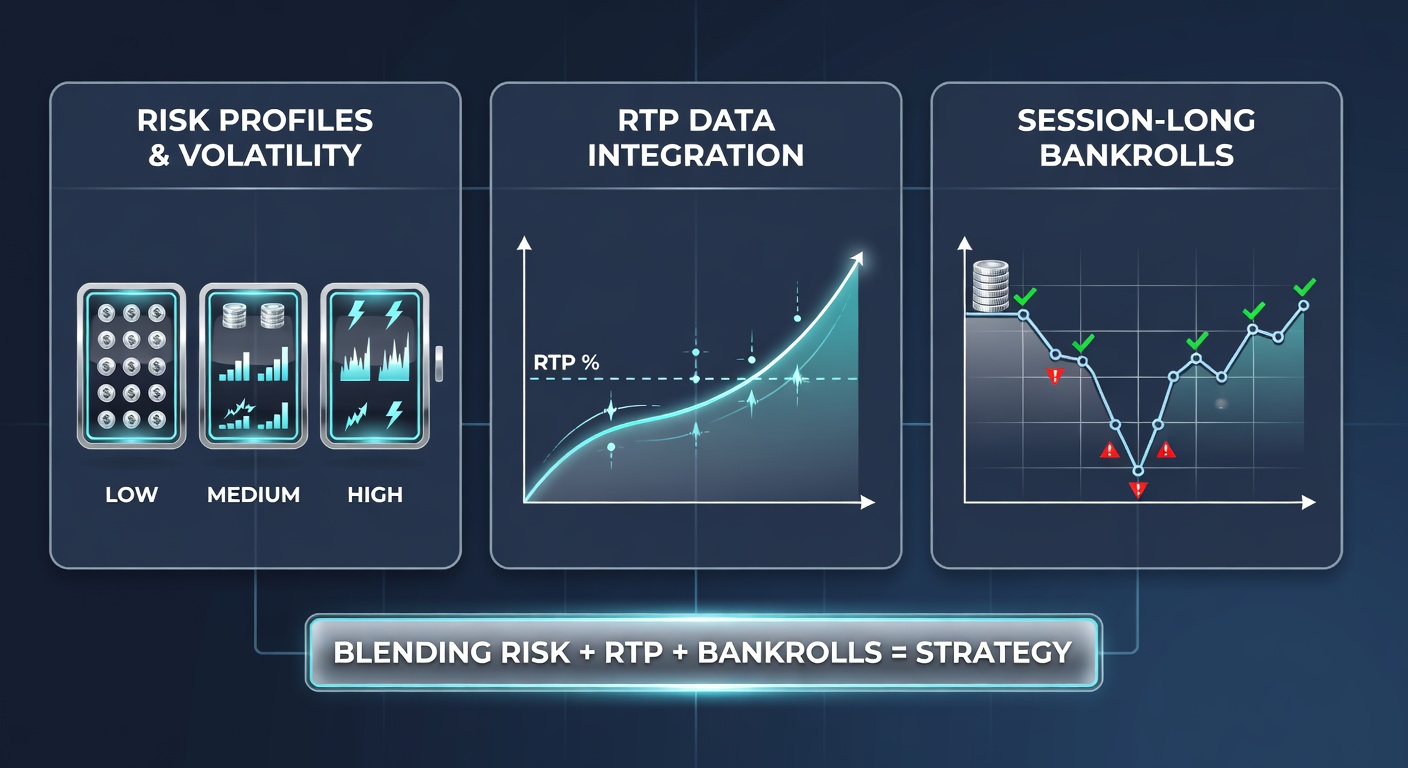 Graph comparing low, medium, and high volatility slot payout distributions over 10,000 spins, highlighting RTP curves adn bankroll fluctuation lines