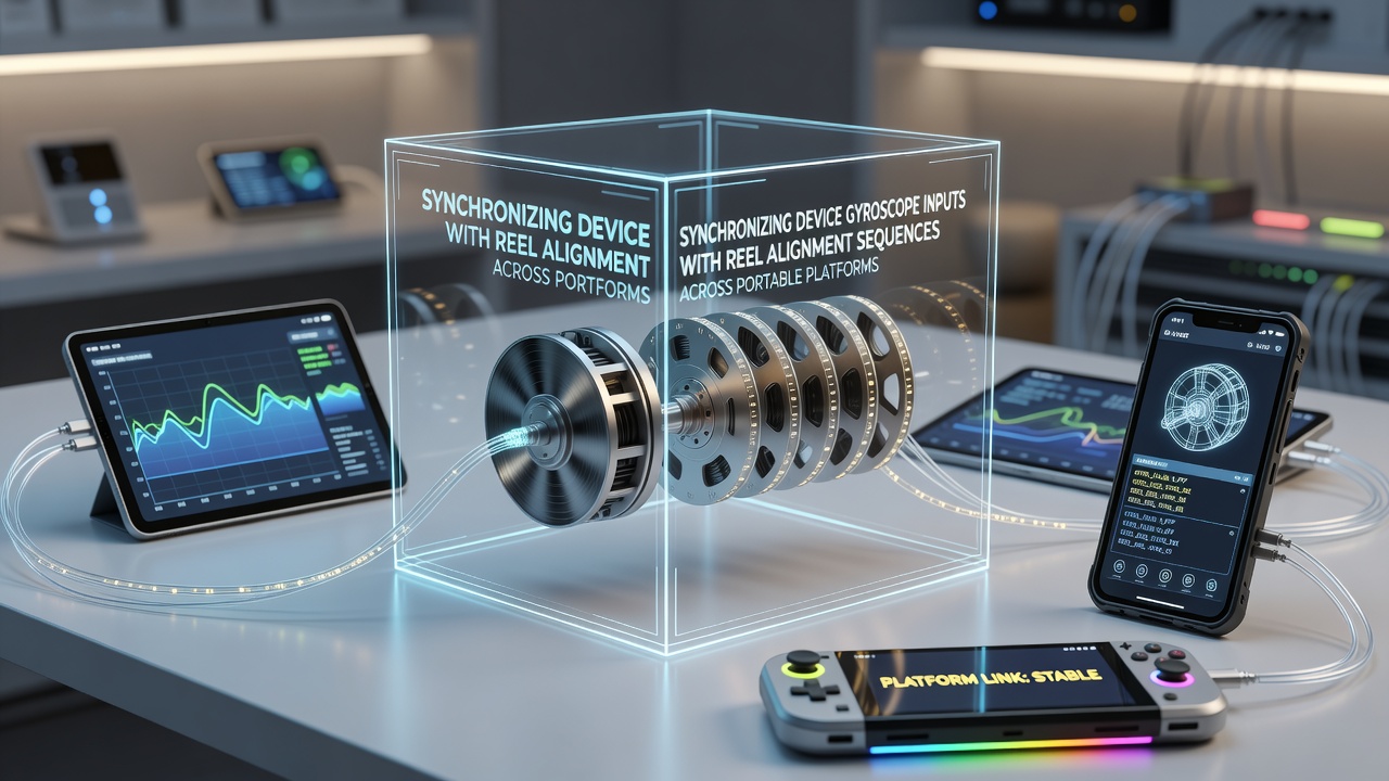 Portable device showing gyroscope calibration overlay on reel alignment interface during mobile testing