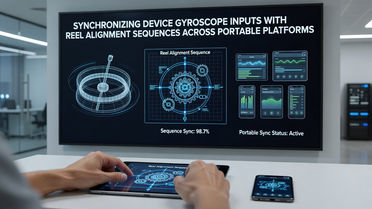 Multiple portable devices displaying synchronized reel movements during gyroscope input testing across different screen sizes