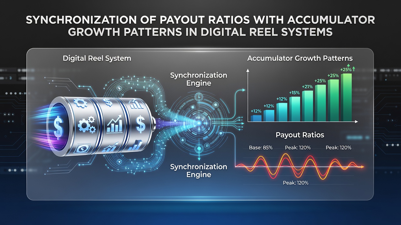 Digital reel system interface showing payout ratio meters and accumulator growth indicators side by side