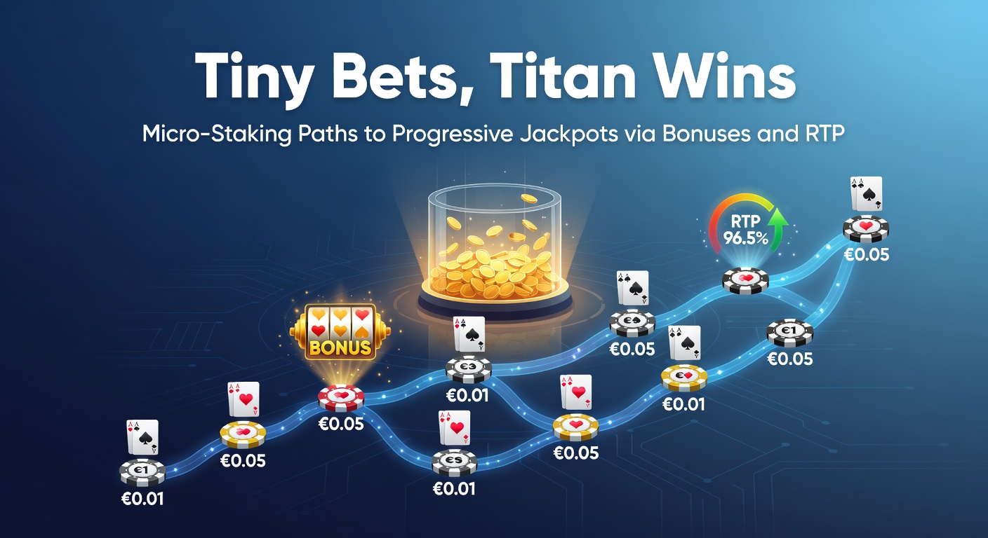 Vibrant slot machine screen displaying a progressive jackpot counter climbing with small coin bets scattered below, illustrating micro-staking potential